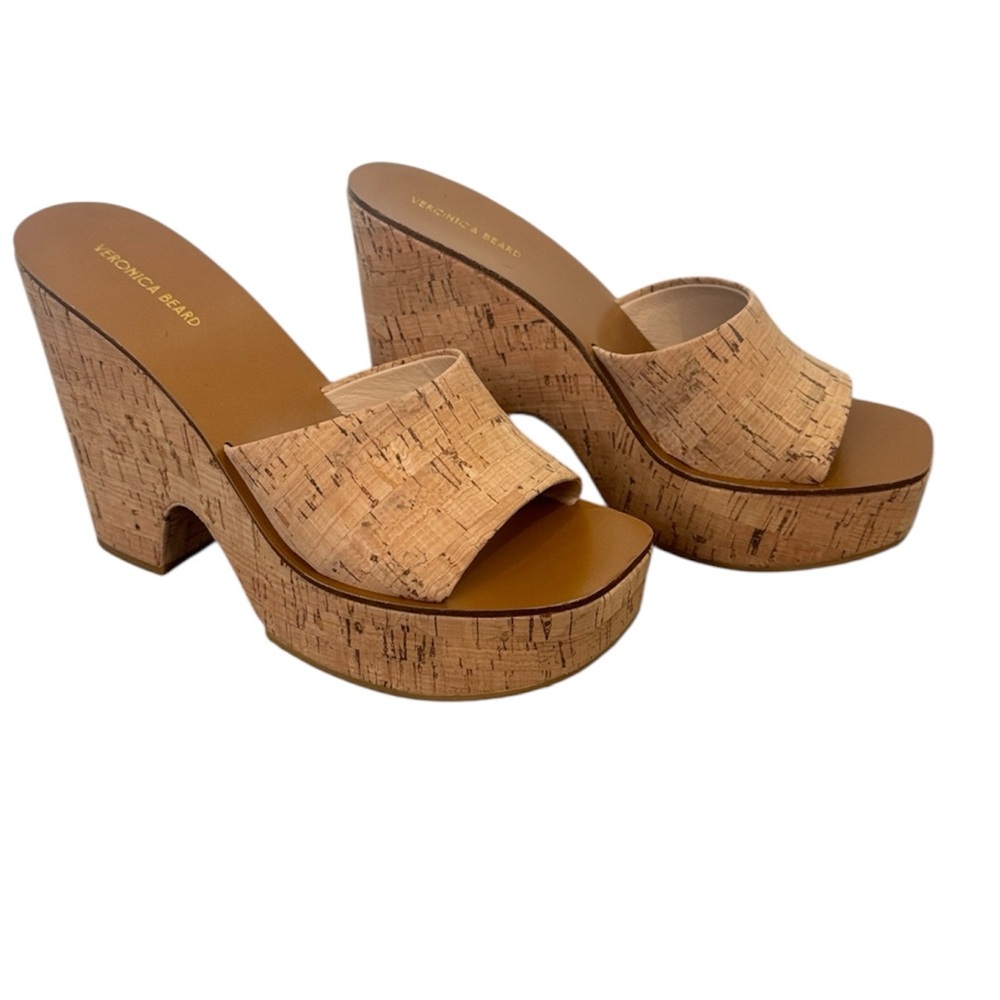 Veronica Beard Cork Platform Slide Sandals in Natural Tan